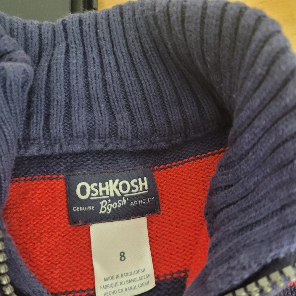 OshKosh B'gosh Kids Boys Red Navy Striped Quarter Zip Sweater‎ Size 8 FLAW